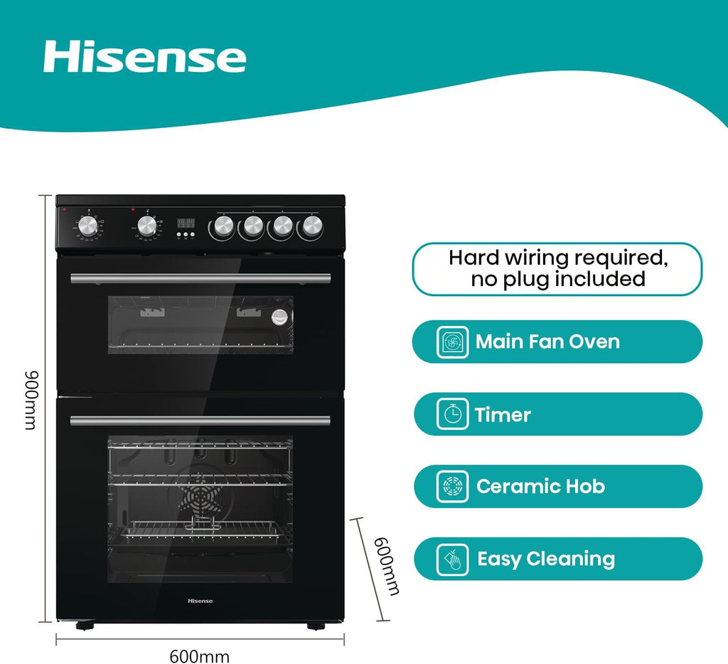 Hisense HDE3211BBUK 60cm Electric Cooker with Ceramic Hob-Black , A Rated Double Oven
