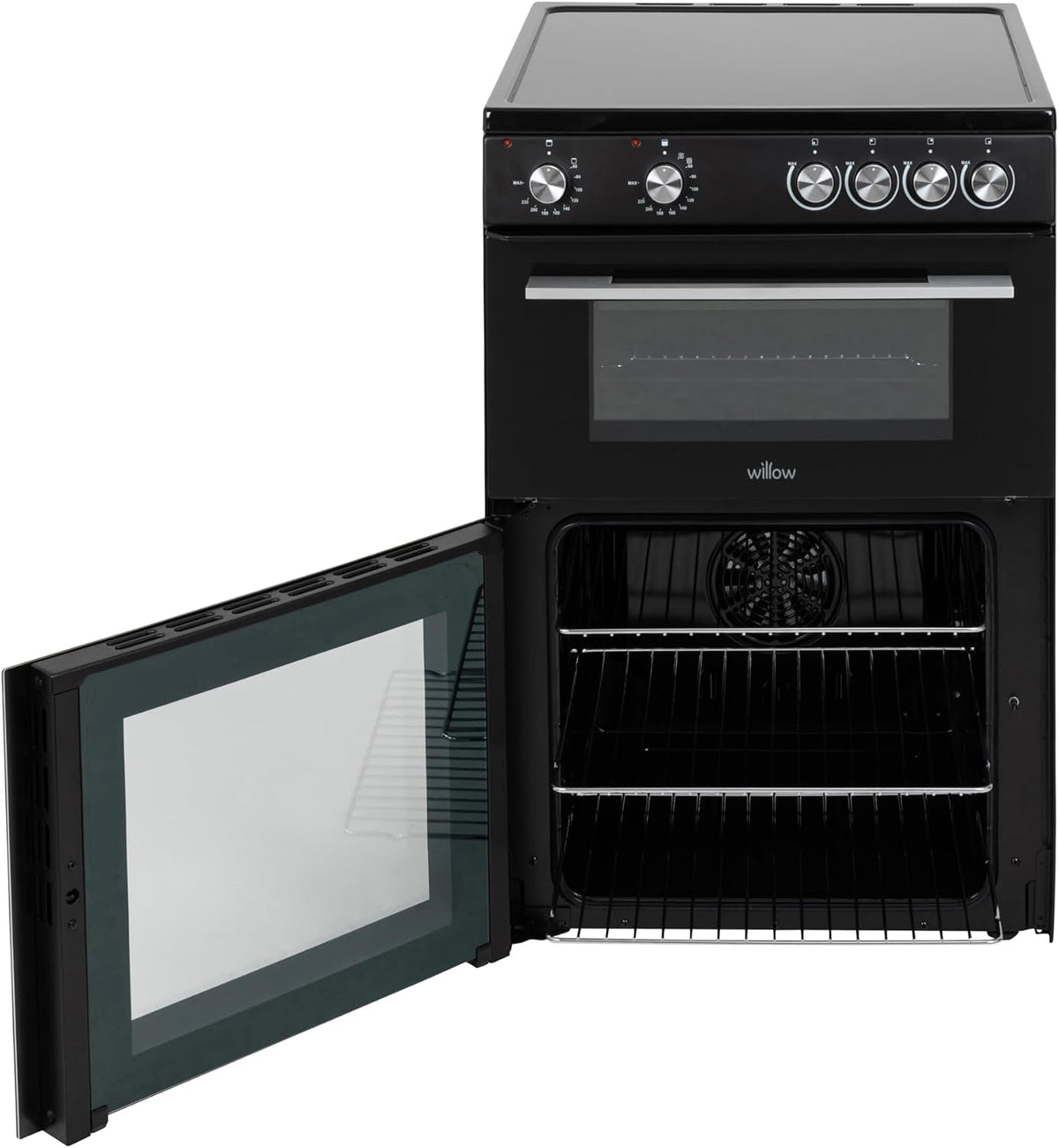 Willow WT60CCB 68L Freestanding Electric Cooker, Twin Cavity Cooker with Ceramic Hob and 31l Grill Cavity, 2 Years Warranty - Black