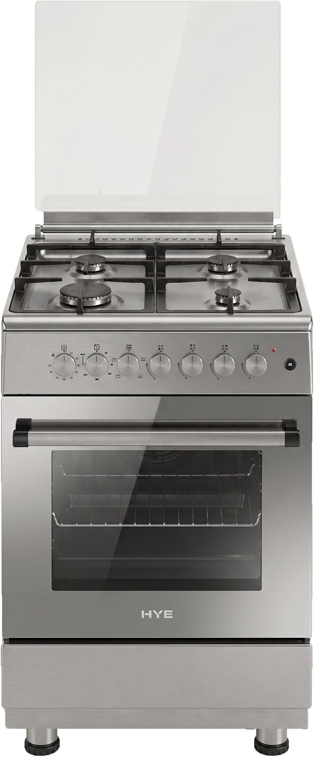 HYE Cooker - Dual Fuel Cooker, 4 Gas Burners, 72L Electric Oven, Inox