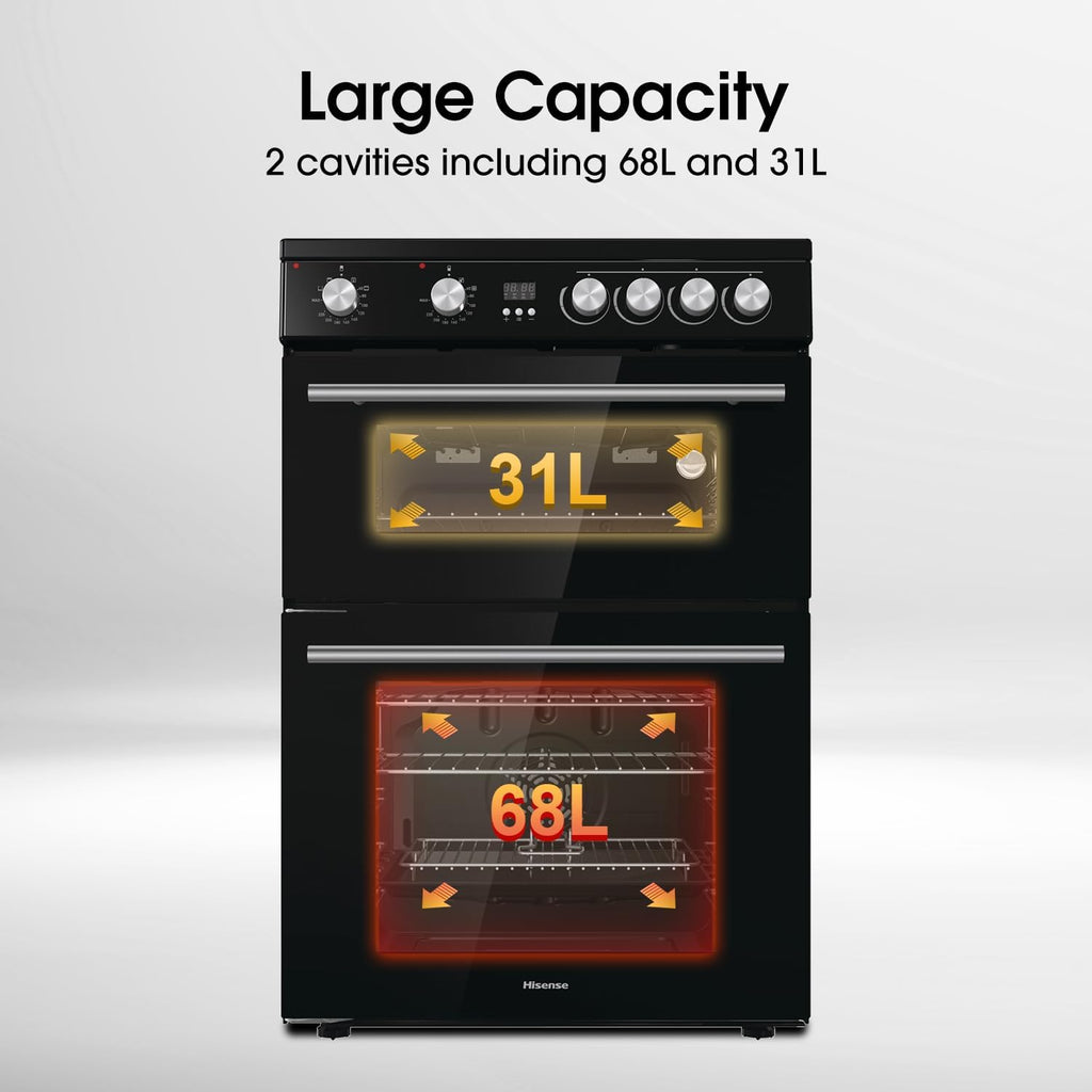 Hisense HDE3211BBUK 60cm Electric Cooker with Ceramic Hob-Black , A Rated Double Oven