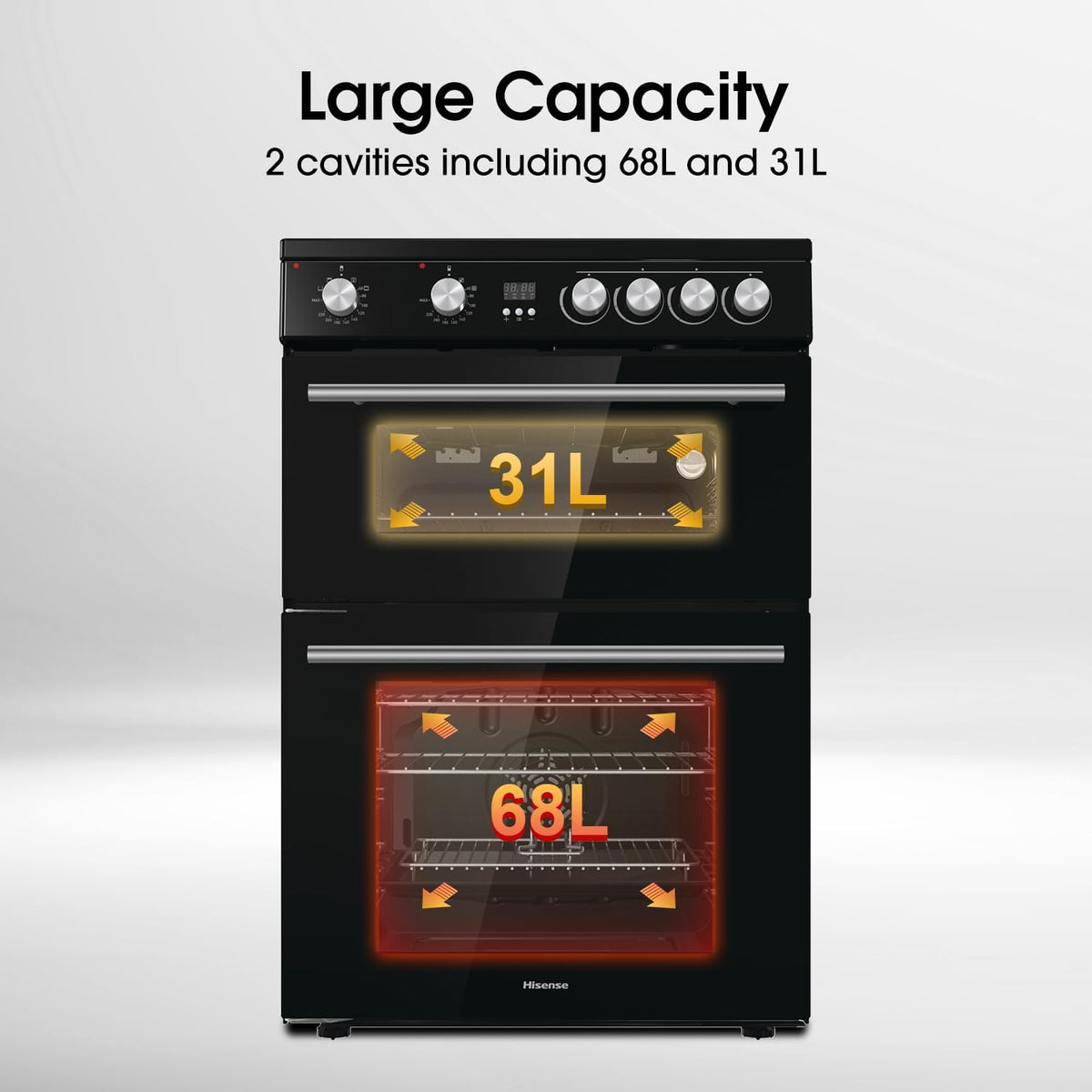 Hisense HDE3211BBUK 60cm Electric Cooker with Ceramic Hob-Black , A Rated Double Oven