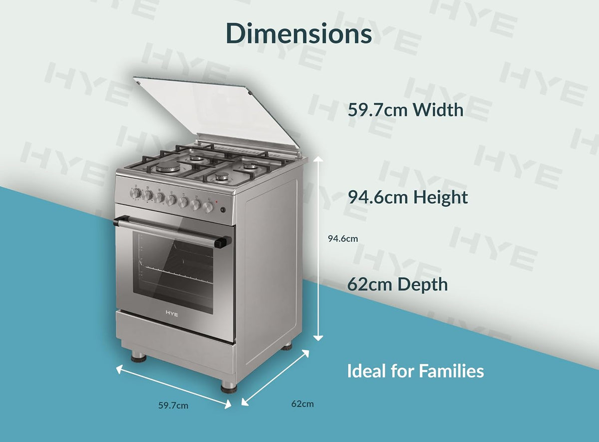 HYE Cooker - Dual Fuel Cooker, 4 Gas Burners, 72L Electric Oven, Inox