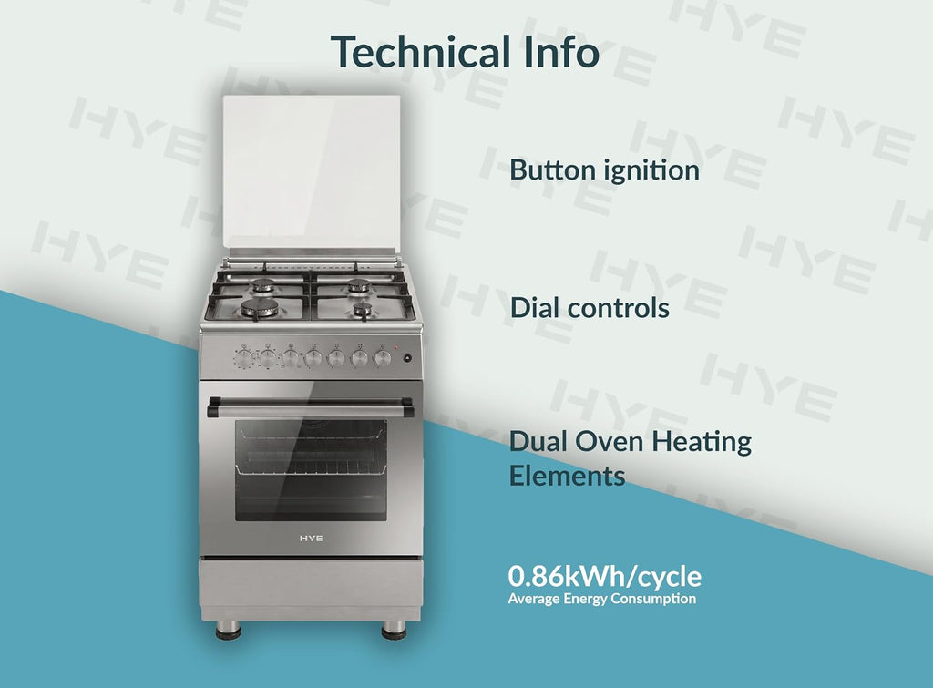 HYE Cooker - Dual Fuel Cooker, 4 Gas Burners, 72L Electric Oven, Inox