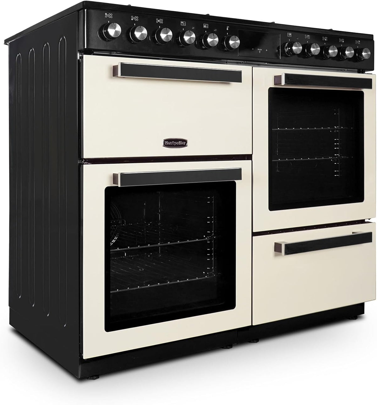 Montpellier MDFRC100C 100cm Dual Fuel Range Cooker – Cream – 7 Gas Burners, 2 Electric Ovens, Separate Grill, Cast Iron Pan Supports