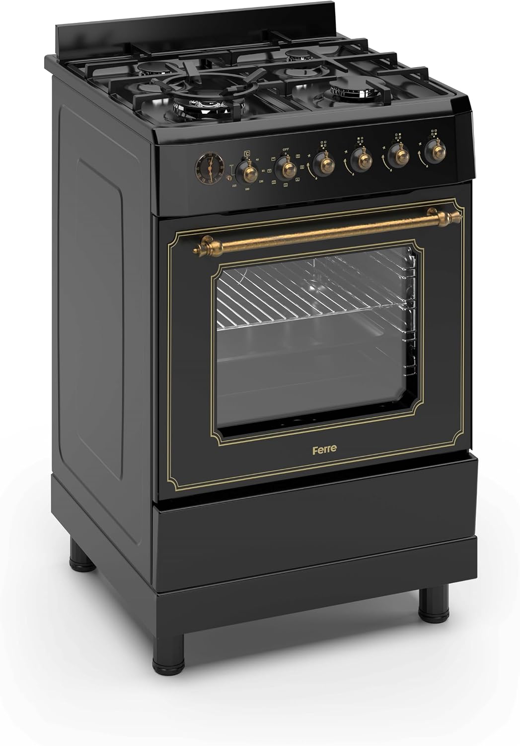 Ferre F6IP40E7-BL-RETRO-W 60cm Freestanding Dual Fuel Cooker With Wok Burner & Turbo Fan - Matte Black