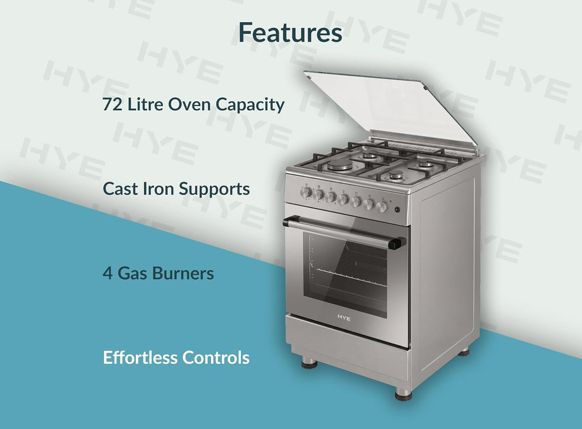 HYE Cooker - Dual Fuel Cooker, 4 Gas Burners, 72L Electric Oven, Inox