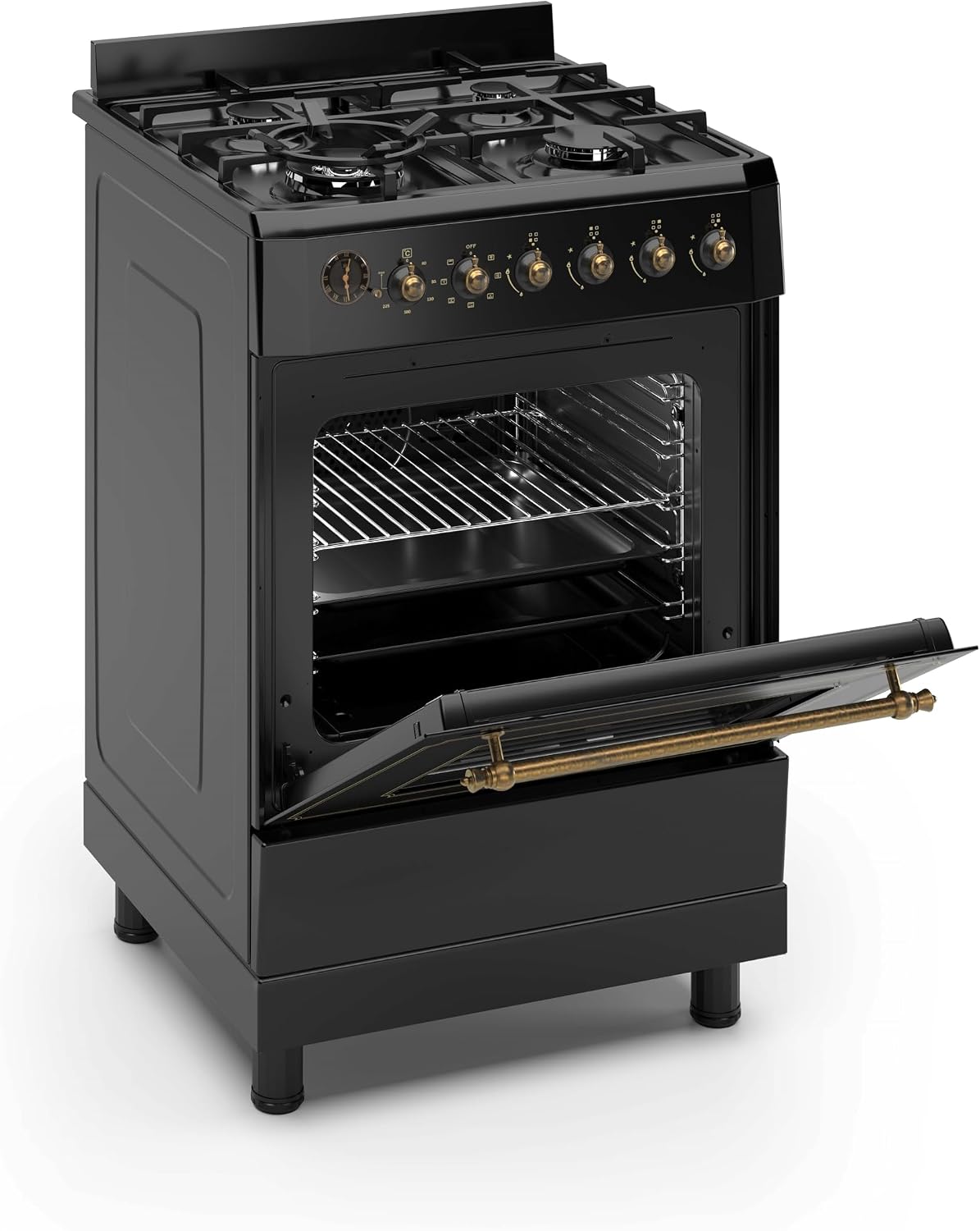 Ferre F6IP40E7-BL-RETRO-W 60cm Freestanding Dual Fuel Cooker With Wok Burner & Turbo Fan - Matte Black