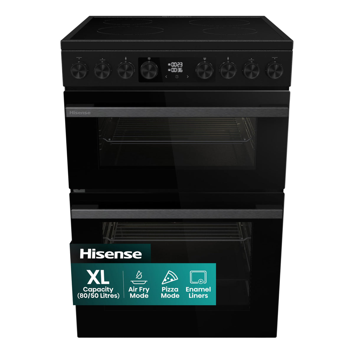 Hisense HDE3211BBUK 60cm Electric Cooker with Ceramic Hob-Black , A Rated Double Oven