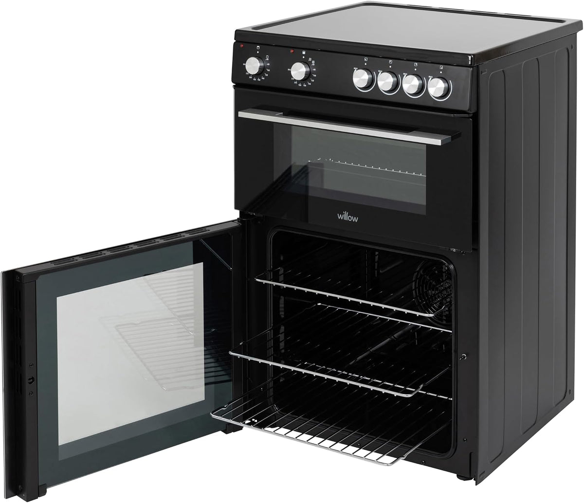 Willow WT60CCB 68L Freestanding Electric Cooker, Twin Cavity Cooker with Ceramic Hob and 31l Grill Cavity, 2 Years Warranty - Black