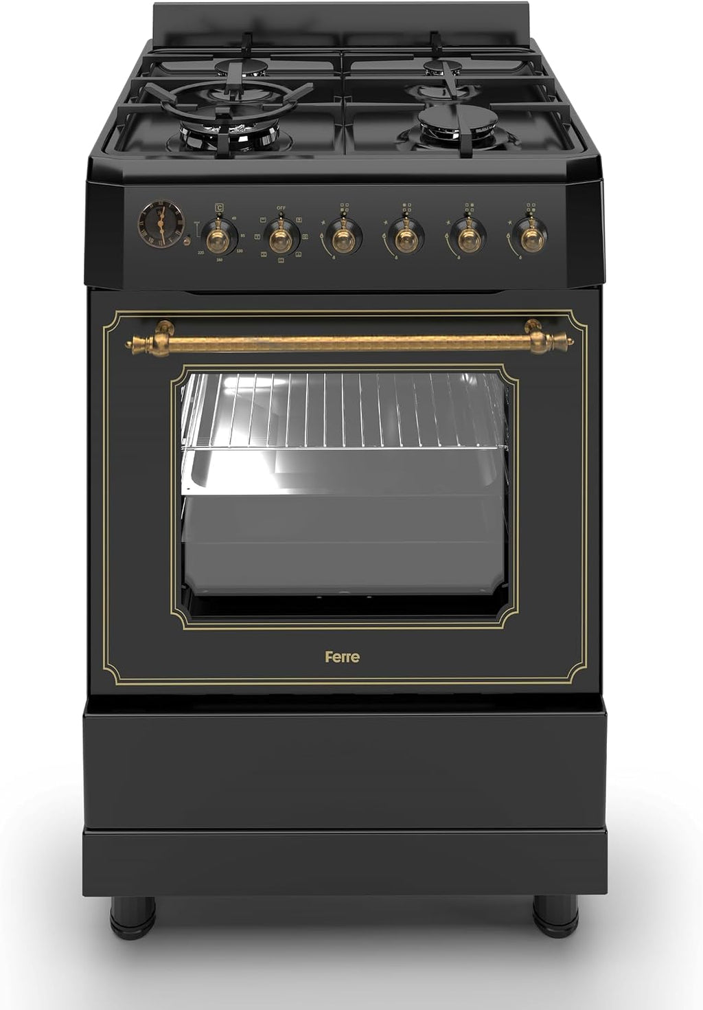 Ferre F6IP40E7-BL-RETRO-W 60cm Freestanding Dual Fuel Cooker With Wok Burner & Turbo Fan - Matte Black