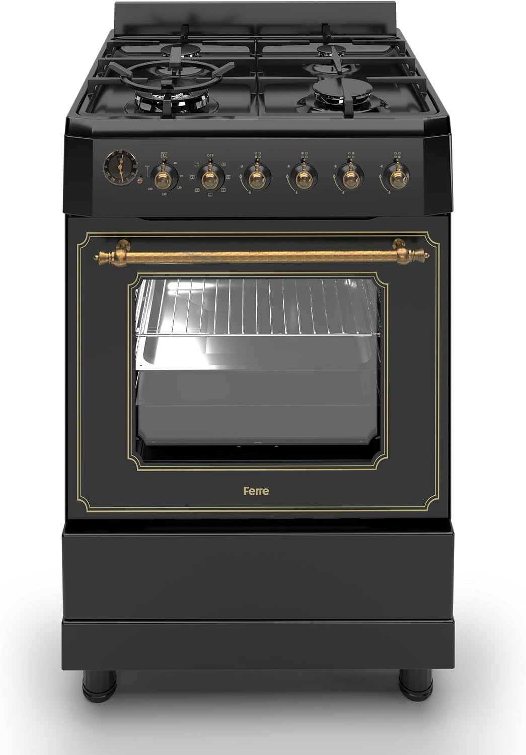 Ferre F6IP40E7-BL-RETRO-W 60cm Freestanding Dual Fuel Cooker With Wok Burner & Turbo Fan - Matte Black