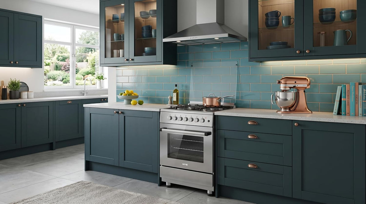 HYE Cooker - Dual Fuel Cooker, 4 Gas Burners, 72L Electric Oven, Inox